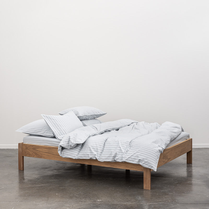 Parure de lit en percale de coton lavé 300 fils • Rayures Bleues grises