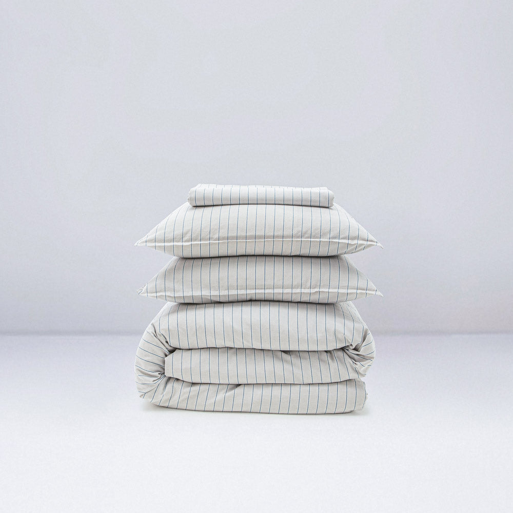 Parure de lit en percale de coton lavé 120 fils • Rayures Bleues