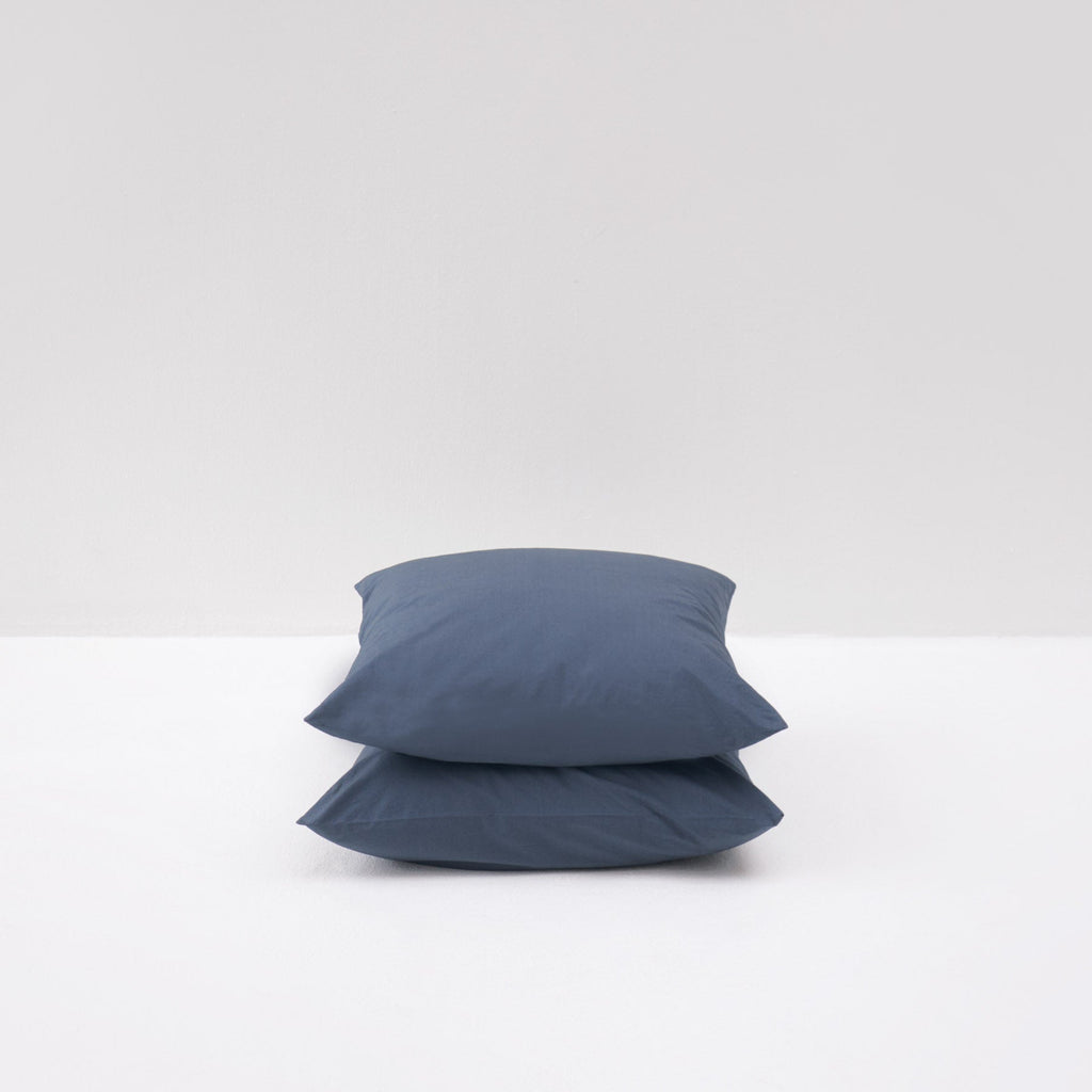2 taies d'oreiller en percale de coton lavé 300 fils • Bleu Orage