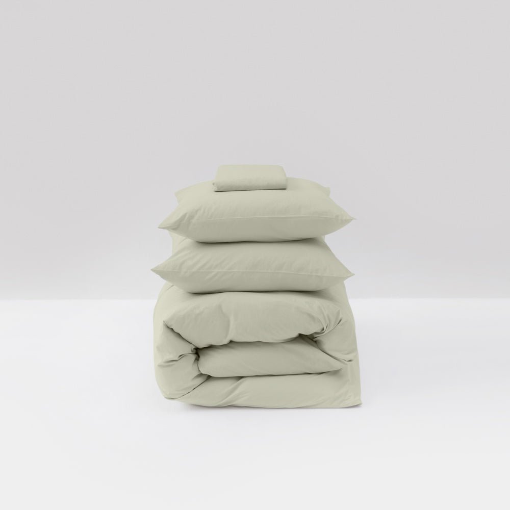 Parure de lit en percale de coton lavé 300 fils • Vert Sauge