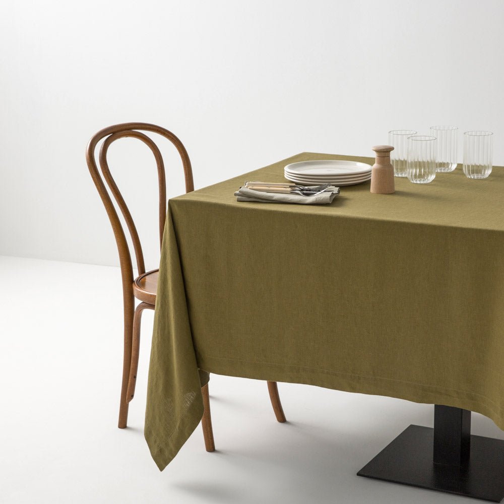 Olive washed linen tablecloth 