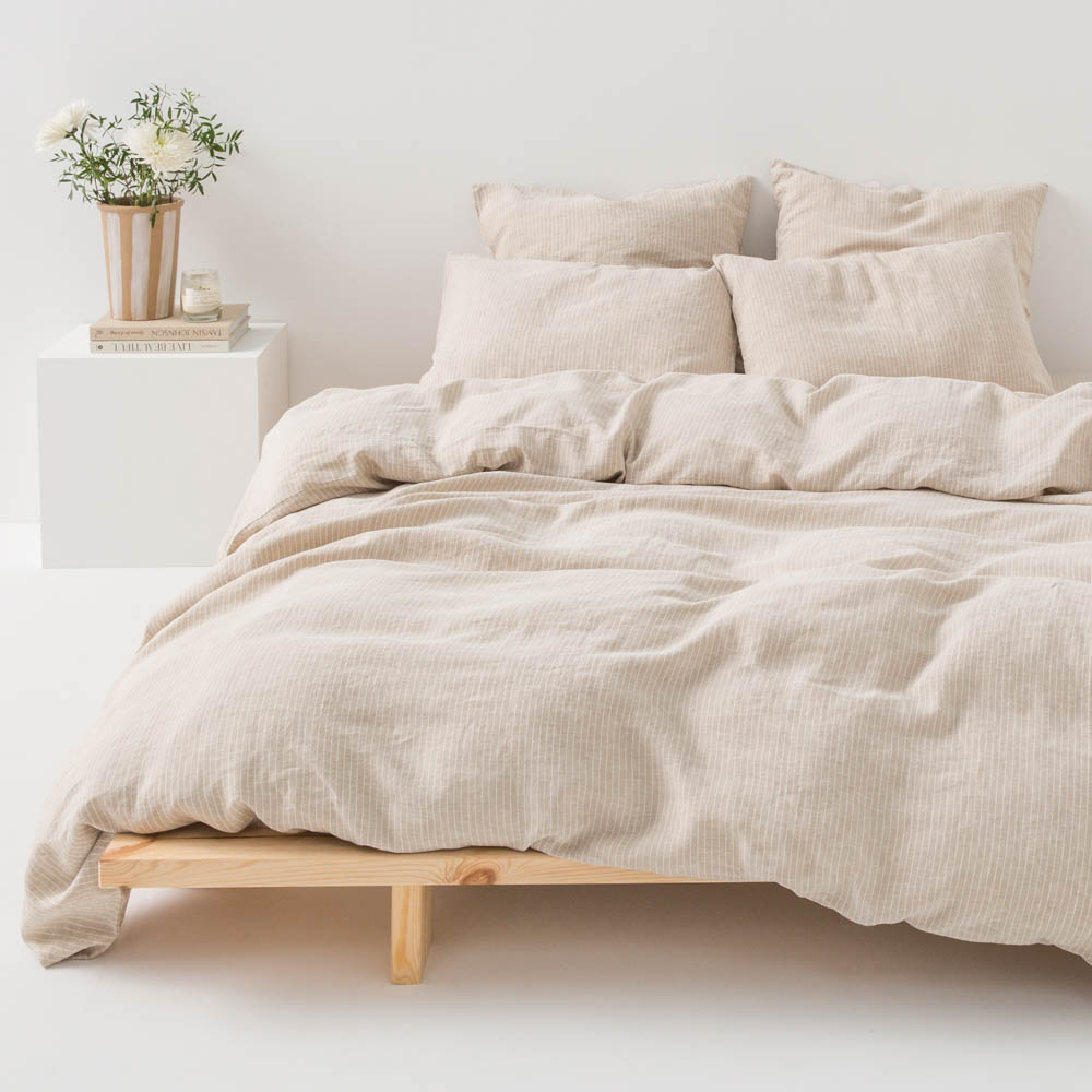 Premium beige striped washed linen bed set - MOST